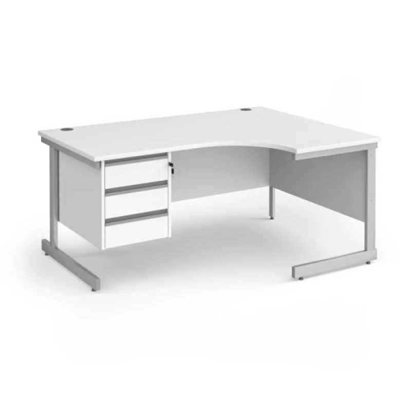 Image of Contract 25 Right Hand Silver Frame Ergonomic Office Desk with 3 Drawer Pedestal - 1600mm - White