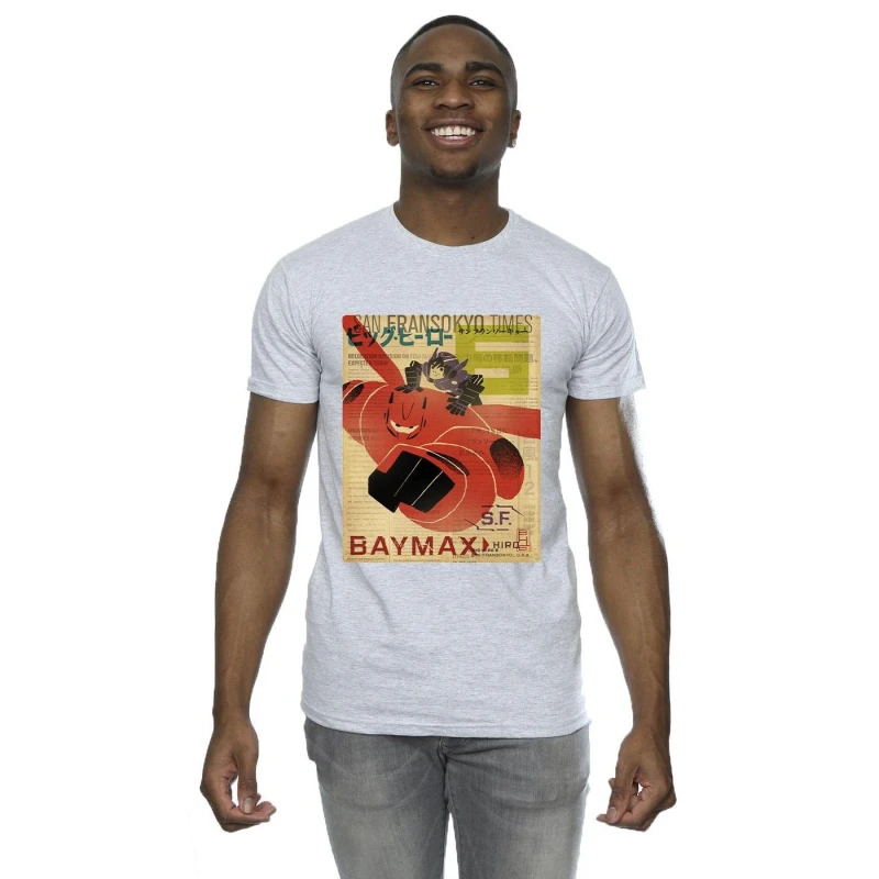 Image of Disney Men Big Hero 6 Baymax Flying Baymax Newspaper T-Shirt in Grey Size: Small Grey S Male 5059934865440