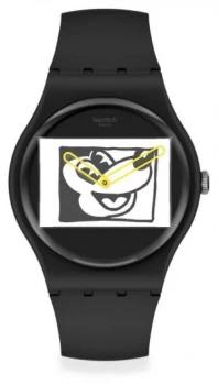 Image of Swatch Keith Haring Mickey Blanc Sur Noir Black Silicone Watch