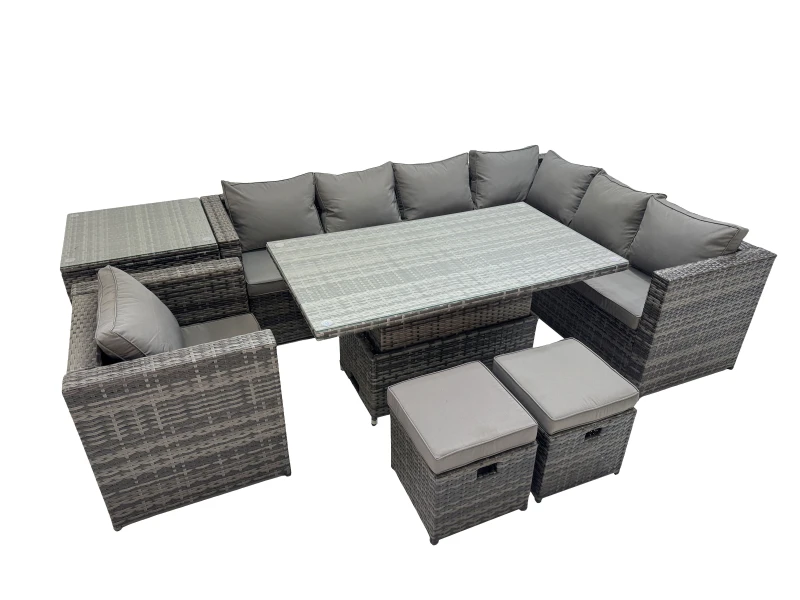 Image of Fimous 9 Seater Rattan Corner Sofa Sets with Chair Side Table 2 Small Stools in Dark Grey Dark Grey Unisex