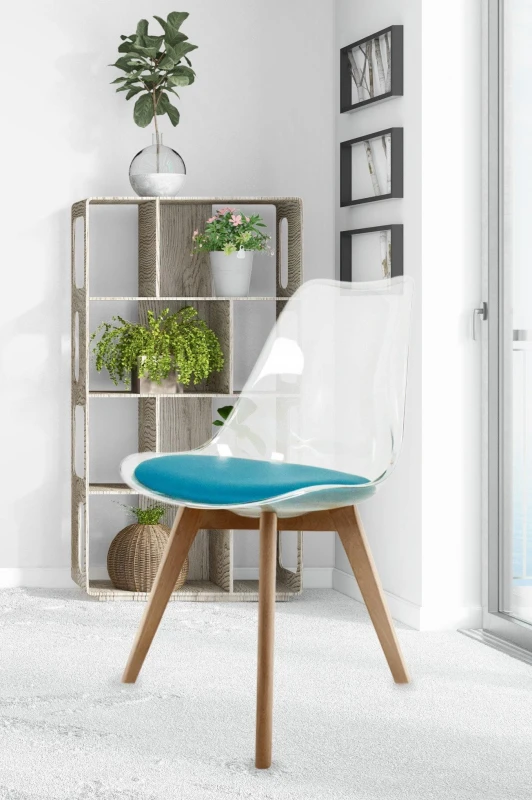 Image of Fusion Living Soho Clear Plastic Dining Chair with Squared Light Wood Legs in Teal Teal Unisex