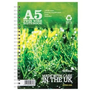 Image of Silvine A5 Premium Recycled Notebook Wirebound 80gsm Ruled Margin Perforated Punched 4 Holes 120pp Pack of 5