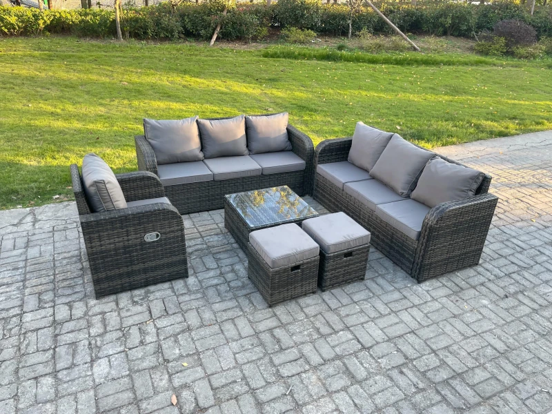 Image of Fimous Outdoor Rattan Garden Furniture Set Conservatory Patio Sofa Coffee Table With Reclining Chair 2 Small Footstools Dark Grey Mixed Dark Grey