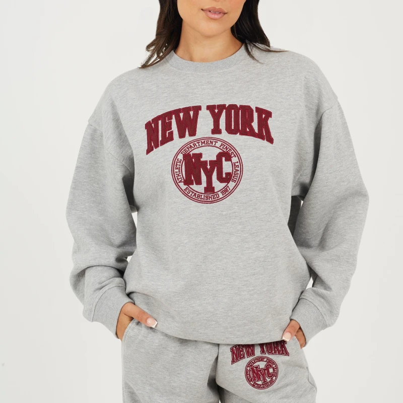 Image of Brave Soul BS Womens Crew Neck Sweatshirt with New York Embroidery. Grey Marl/Red female 10 (S)