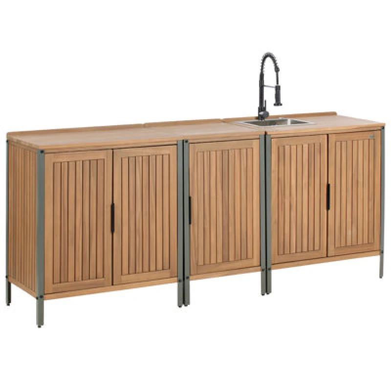 Image of Beliani 3 Piece Outdoor Kitchen Set With Sink Ivrea Certified Acacia Wood Brown/ Black