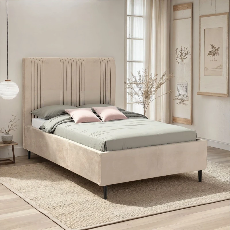 Image of Seconique Maine 4'6" (Double) Bed - Taupe Velvet Fabric