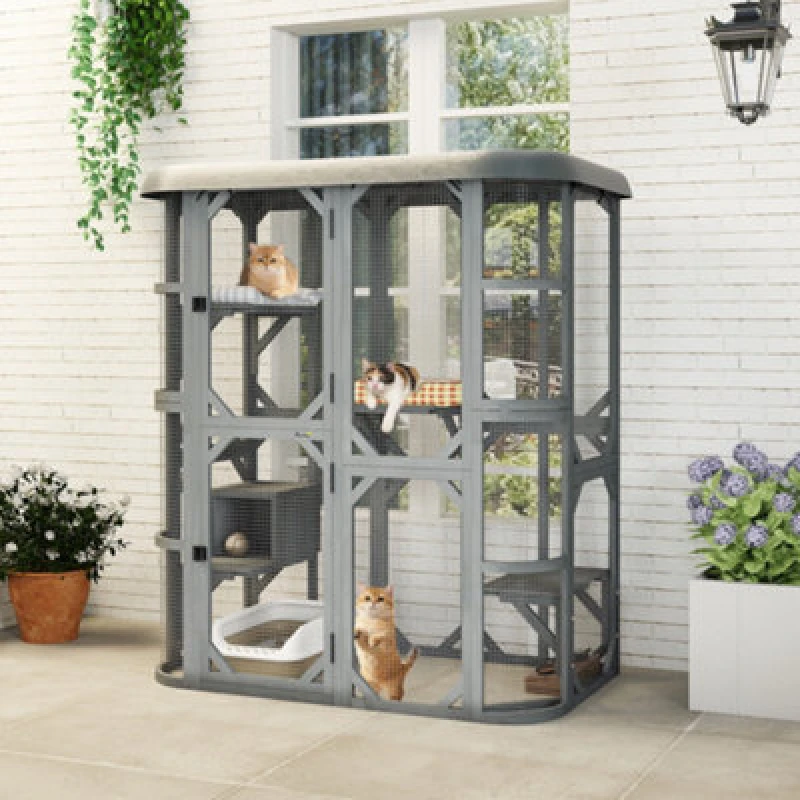 Image of Pawhut Walk-In Catio, Outdoor Cat Enclosure With 4 Jumping Platforms, Condo