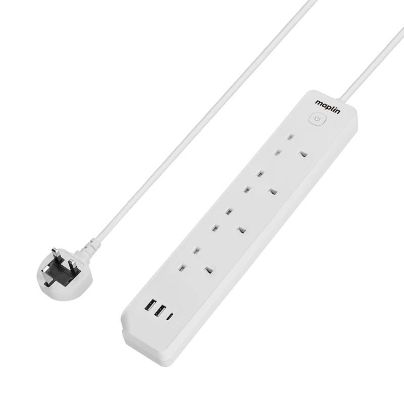 Image of Maplin 4 Socket Extension Lead with 2x USB-A/ 1x USB-C Ports Surge Pro