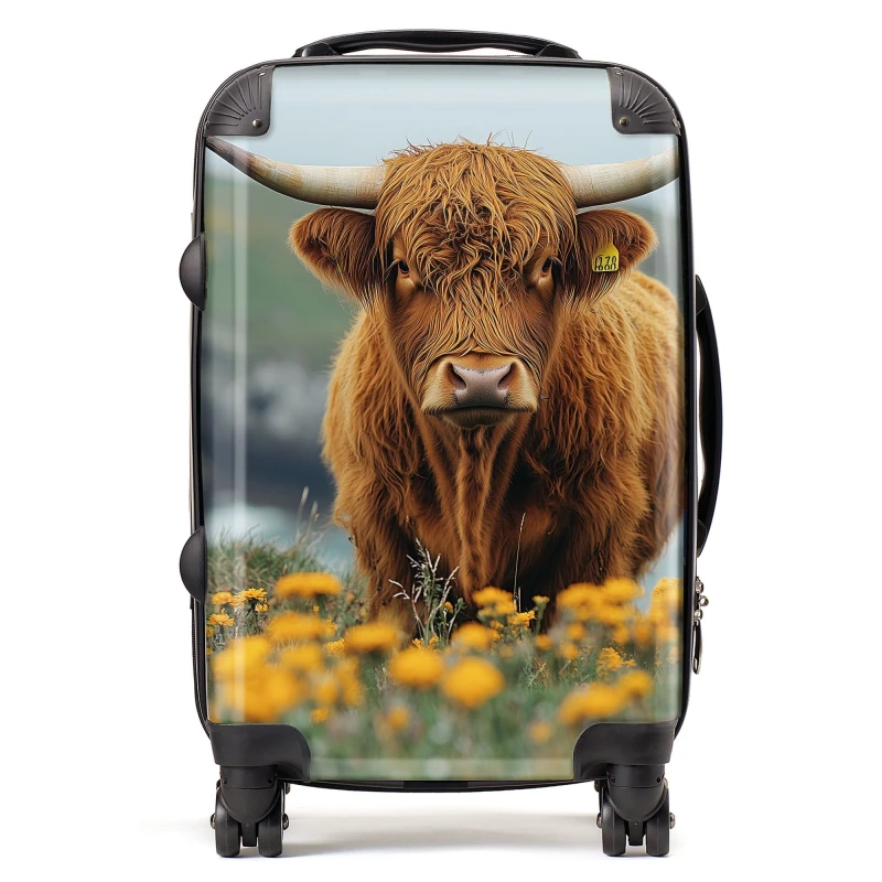 Image of Warren Reed - Designer Highland Cow By The Coast Suitcase in Brown Size: Cabin Brown Unisex Cabin