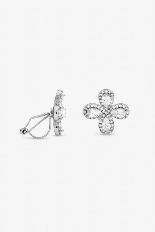 Image of Jon Richard Womens Rhodium Plated & Crystal Floral Clip Earrings in Silver Silver Female One Size