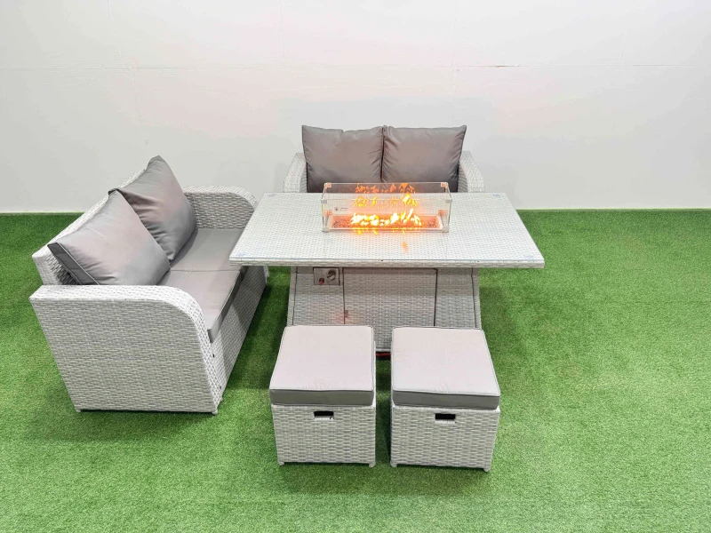 Image of Fimous 6 Seater Outdoor Love Sofa Set Rattan Garden Furniture Set with Firepit Dining Table 2 Small Stools Light Grey Light Grey