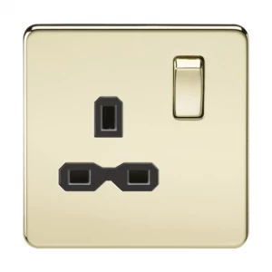 Image of KnightsBridge 1G DP 13A Screwless Polished Brass 230V UK 3 Pin Switched Electrical Wall Socket - Black Insert