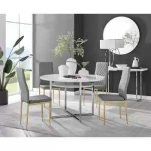 Image of Furniturebox Adley White High Gloss 120cm Storage Dining Table & 4 Grey Milan Gold Leg Faux Leather Chairs