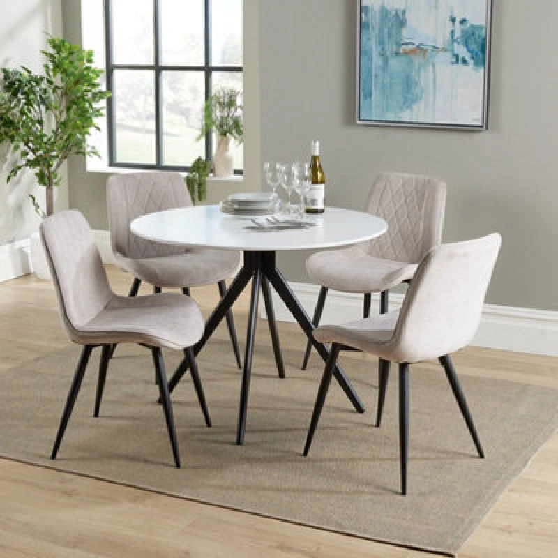 Image of Core Products Aspen White 100Cm Round Dining Table With 4 Natural Fabric Diamond Stitch Design Chairs