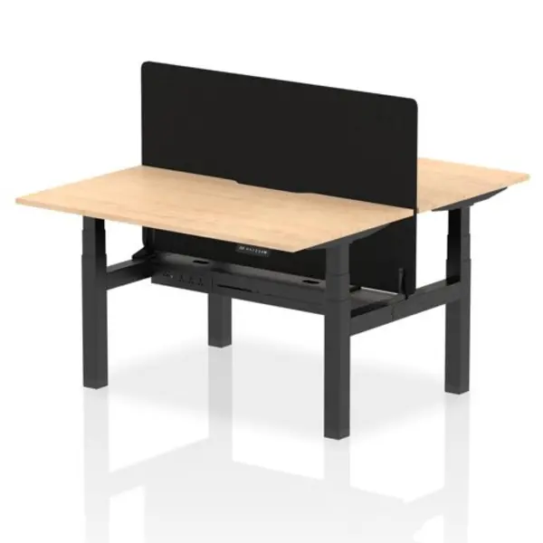 Image of Air Air Back-to-Back 1400 x 800mm Height Adjustable 2 Person Bench Desk Maple Top with Scalloped Edge Black Frame with Black Straight Screen HASSE2P1