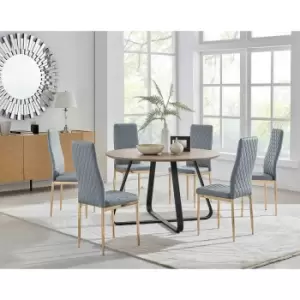 Image of Furniture Box Santorini Brown Round Dining Table and 6 Grey Gold Leg Milan Chairs