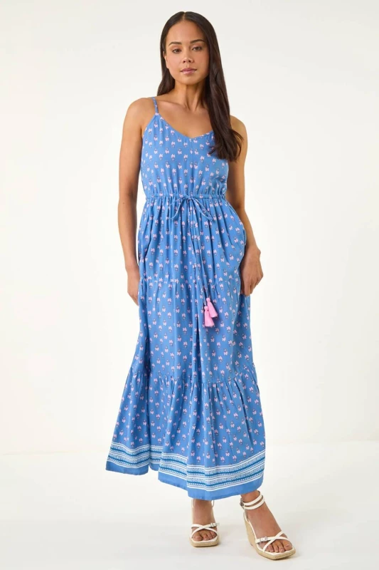 Image of Roman Womens Petite Abstract Print Strappy Maxi Dress in Blue Size: 16 Blue Female 16
