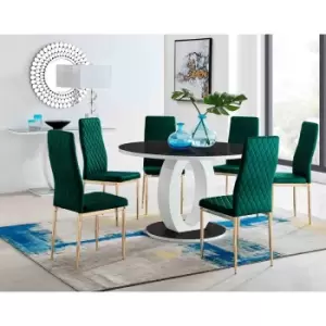 Image of Furniture Box Giovani Round Black Large 120Cm Table and 6 Green Velvet Milan Gold Leg Chairs
