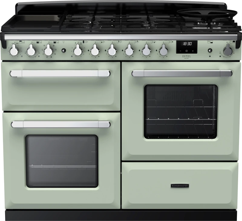 Image of Rangemaster Estel Deluxe ESDLO110DFPMNT/CM1 110cm wide Dual Fuel Range Cooker with Gas Hob - Mint / Chrome - A/A Rated