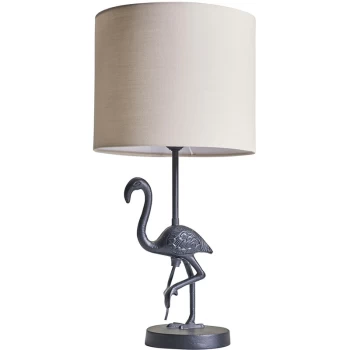 Image of Flamingo Matt Black Table Lamp with Drum Lampshade - Beige