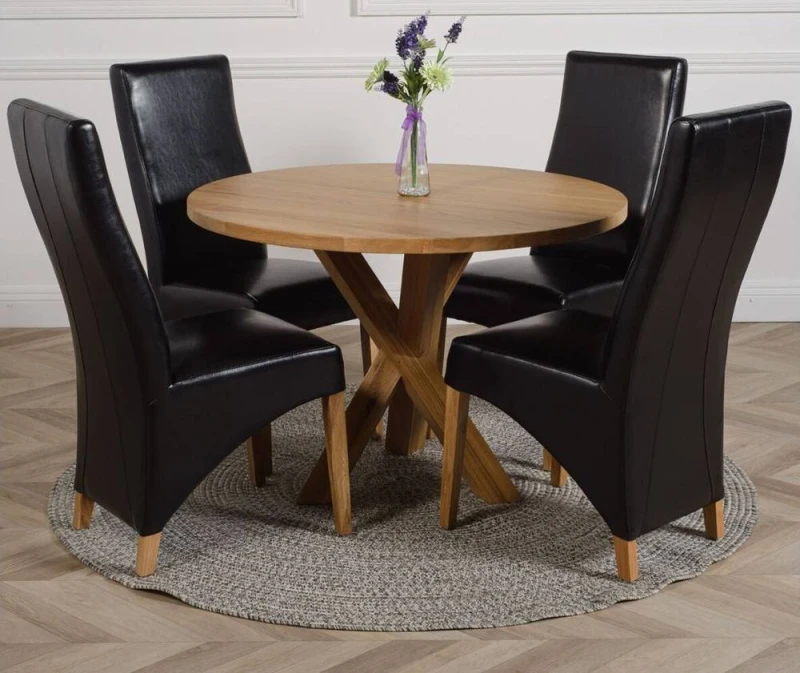 Image of Thats Furniture Oregon Round Oak Dining Table & 4 Lola Leather Chairs in Black Unisex