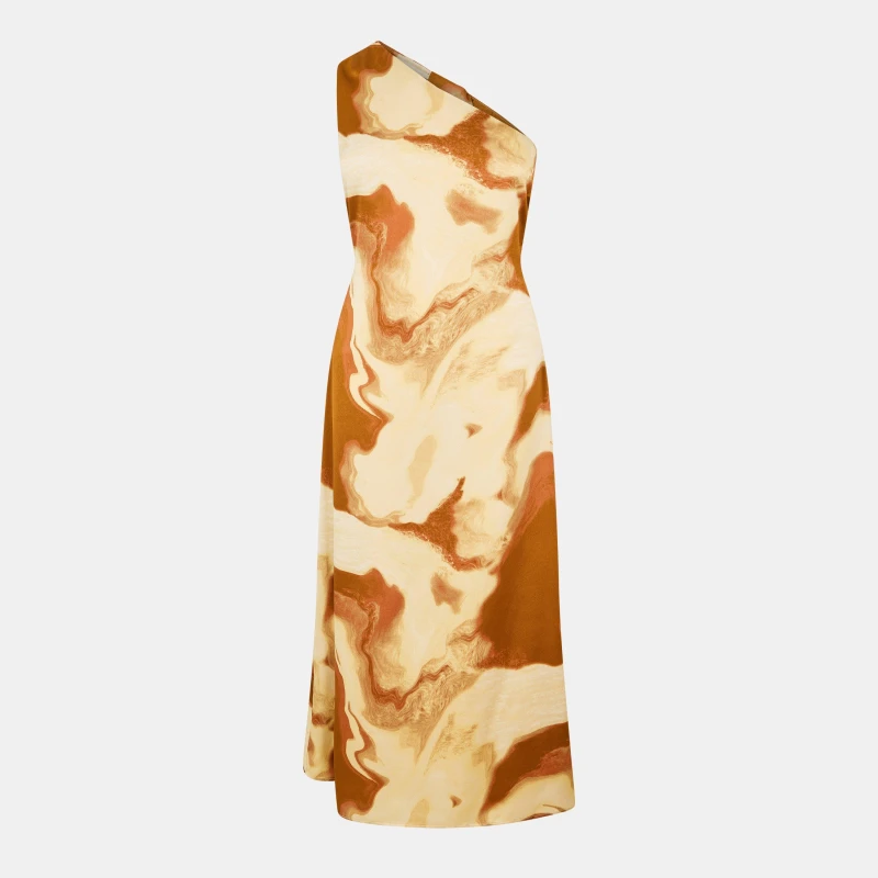 Image of AX Paris Marble Print One Shoulder Open Back Twist Detail Midi Dress Brown female 10 (S)