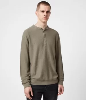 Image of AllSaints Mens Wrenley Organic Cotton Henley, Willow Taupe, Size: M