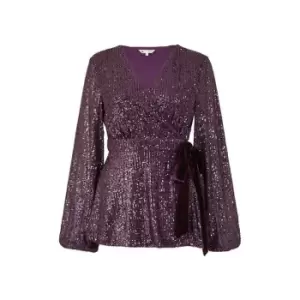 Image of Yumi Purple Sequin Wrap Top With Velvet Tie - Purple