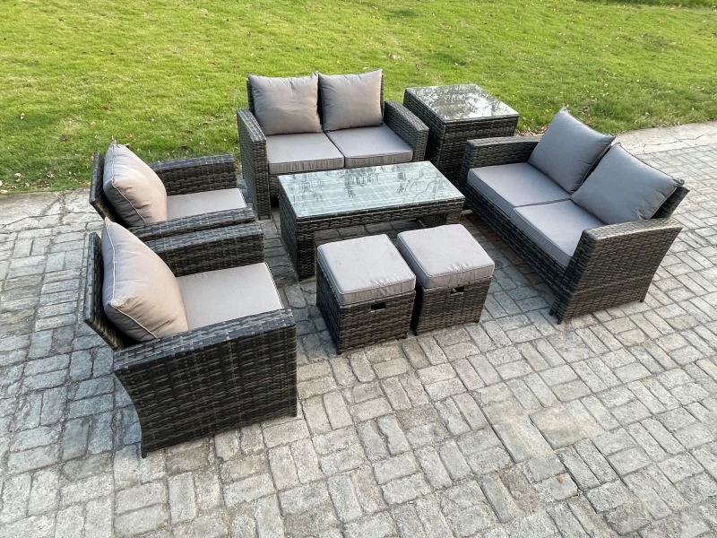 Image of Fimous 8 Seater Dark Grey Mixed High Back Rattan Sofa Set Coffee Table Garden Furniture Outdoor Patio With Love Sofa Arm Chairs Dark Grey Unisex