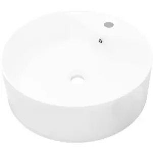 Image of Ceramic Bathroom Sink Basin Faucet/Overflow Hole White Round Vidaxl White
