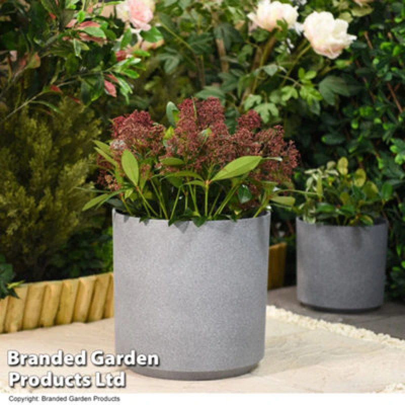 Image of Garden Gear Large Grey Cylinder Stone Effect Planter Outdoor Garden Plastic 36Cm (X1)