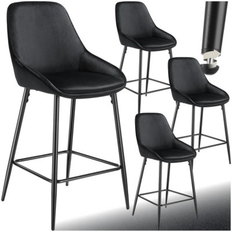 Image of Tectake Bar Stool Siera With Backrest, Padding And Soft Fabric - Velvet Look Black/black, Set Of 4