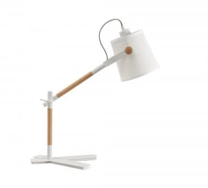 Image of Table Task Lamp with White Shade 1 Light E27, Matt White, Beech with Ivory White Shade
