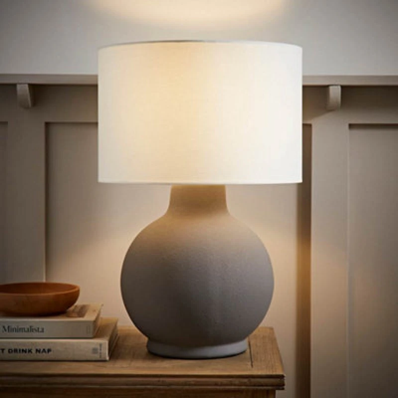 Image of ValueLights ValueLights Blair Natural Linen Durm Shade Hand Finished Ceramic Stonewear Table Lamp in Grey Grey One Size Unisex 5016529271598