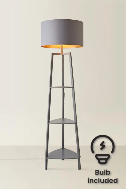 Image of ValueLights ValueLights Hiru Grey 3 Tier Shelf Floor Lamp with Grey and Copper Shade and Bulb Copper One Size Unisex 5059406034565
