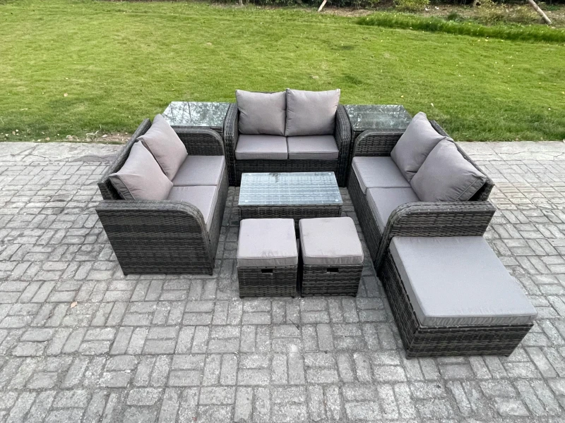 Image of Fimous Wicker PE Rattan Garden Furniture Set Outdoor Lounge Sofa Set with Love Sofa Coffee Table 2 Side Tables 3 Footstools Dark Grey