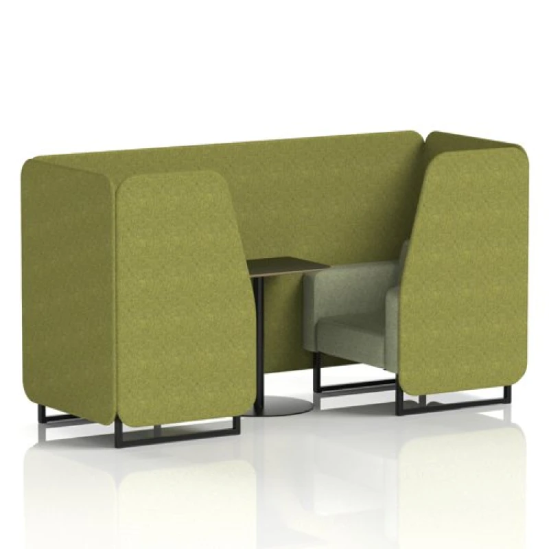 Image of Brixworth 2 Seater Office Booth with Front Panel - Black Legs and Black Table with Black Leg in Rivet Fabric - Olive Panels and Burnish Sofa
