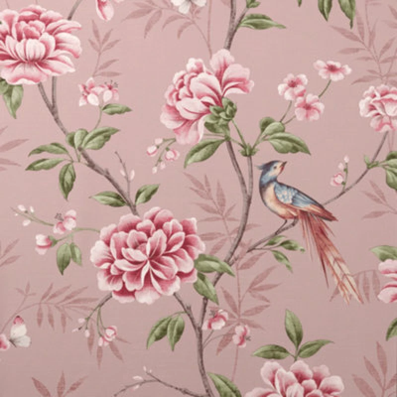 Image of Crown Wallpaper Akina Floral Birds Blush Pink Fabric Effect Wallpaper M1726
