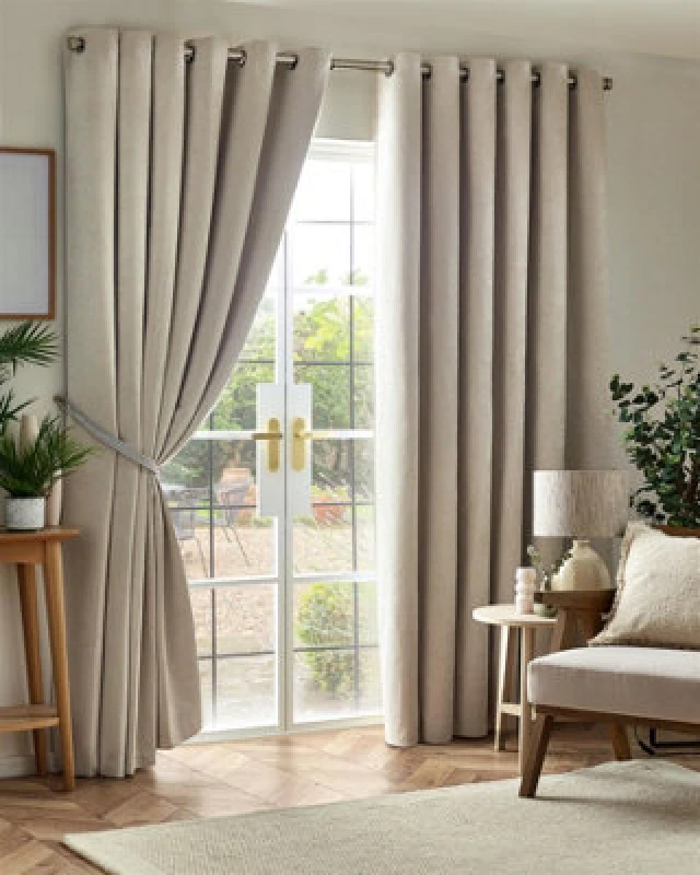 Image of Chenille Triple Woven Ready Made Eyelet Blackout Curtains Cream