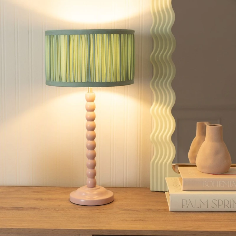 Image of ValueLights ValueLights Bobbins Painted Rose Table Lamp with Ruched Pleated Drum Lamp Shade in Pale Green Pale Green One Size Unisex 5059406056321