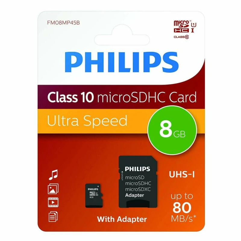Image of Philips Micro SDHC Class10 Ultra Speed Memory Card with Adapter, 8GB Black