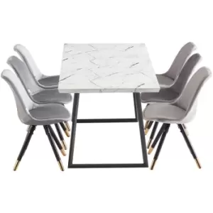 Image of 7 Pieces Life Interiors Sofia Toga Dining Set - an Extendable White Rectangular Wooden Dining Table and Set of 6 Light Grey Dining Chairs - Light Grey