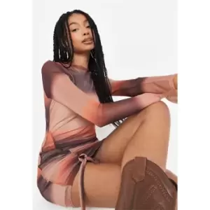 Image of Missguided Ruched Side Mini Dress Ls Mesh Ombre - Brown