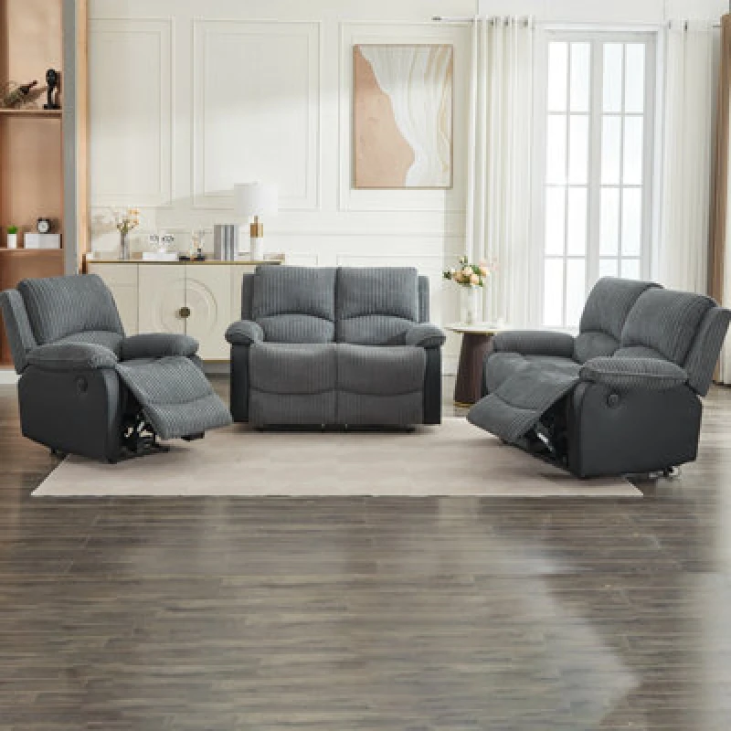 Image of Electric Reclining Sofa Set, Corduroy Fabric Recliner Sectional Sofa Suite - 1+2+2 Sofa Set