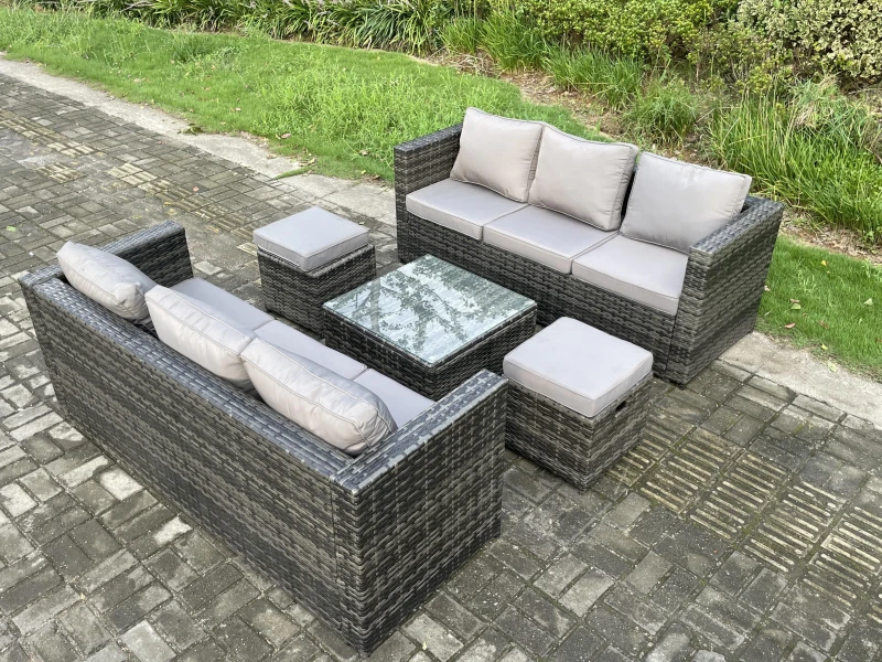 Image of Fimous Rattan Garden Furniture Set 8 Seater Patio Outdoor Lounge Sofa Set with Square Coffee Table 2 Small Footstools Dark Grey Mixed Dark Grey
