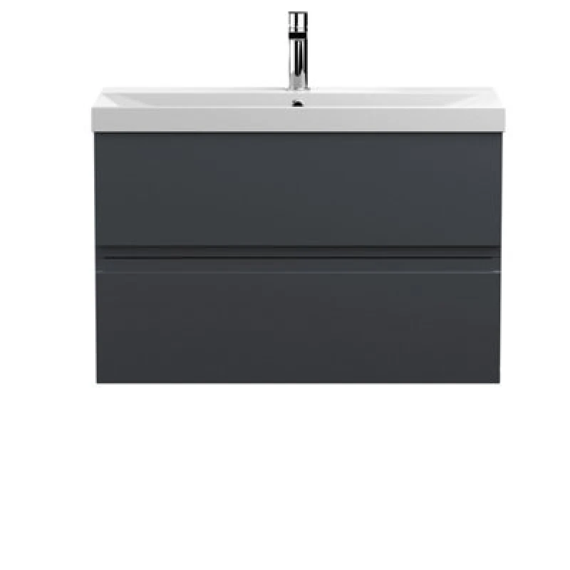 Image of Nuie Hudson Reed Urban Wall Hung 2 Drawer Vanity Unit With Thin-Edge Ceramic Basin, Modern Bathroom Furniture In Soft Black, 800mm