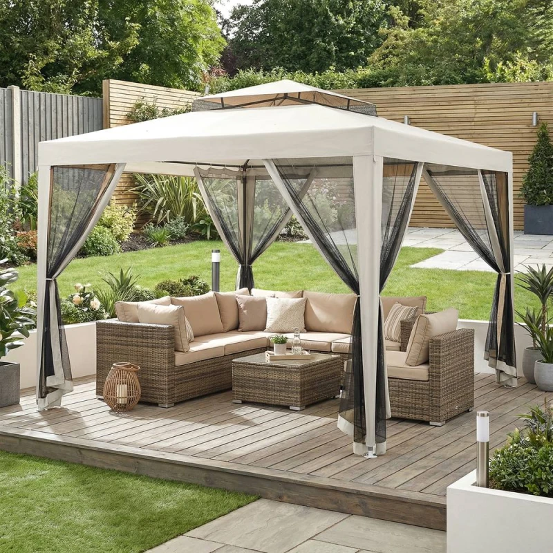 Image of Outsunny 3 x 3m Gazebo, Netting Party Tent w/ Double Tier Roof, Cream White, Cream 84C-195V01CW