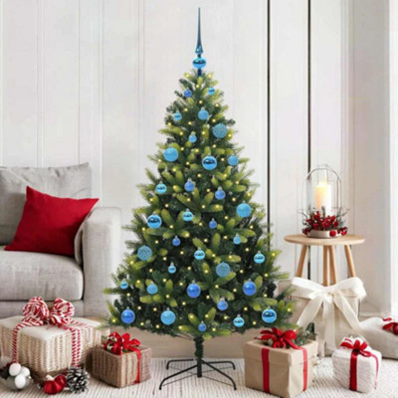 Image of vidaXL Artificial Hinged Christmas Tree 150 LEDs, Blue Balls Green 150 cm, Green 3395989