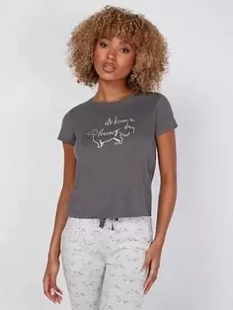 Image of Boux Avenue Boux Avenue Sausage Dog Tee & Pant Set - Charcoal, Grey, Size 14, Women