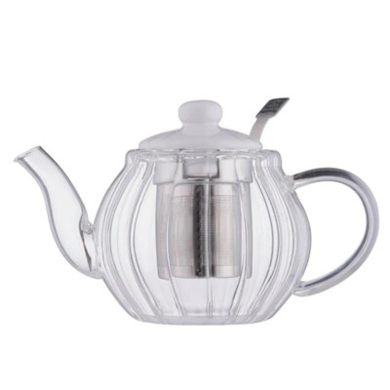 Image of Glass Teapot With White Ceramic Lid Infuser 500Ml Fluted Embossed Clear Elegant